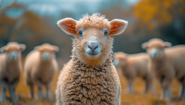 Closeup portrait of a serene sheep in a lush meadow