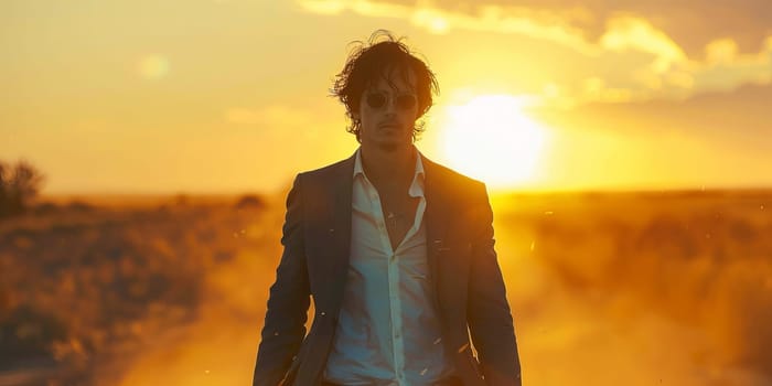 Young man in a suit on the background of the setting sun.