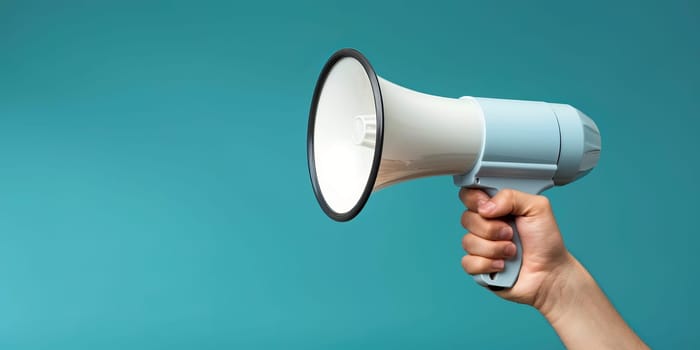 Female hand holding a megaphone on a blue background with copy space