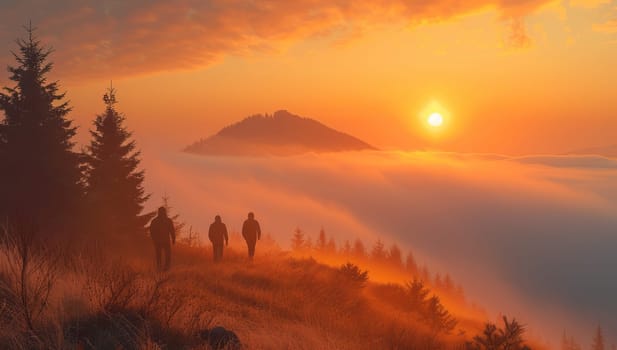 Silhouettes of hikers on the top of a mountain at sunset