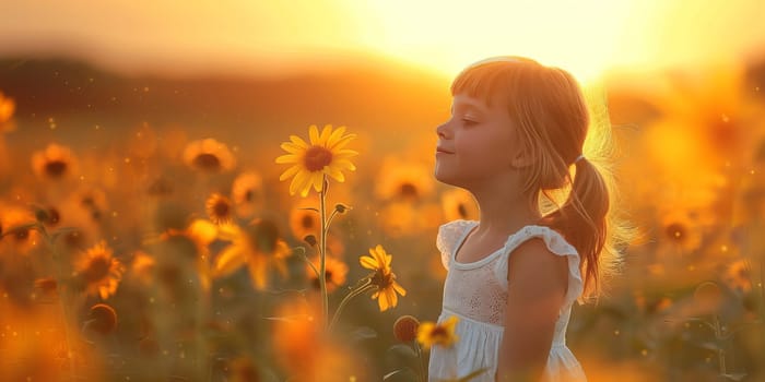 Girl standing amidst a field of blooming sunflowers during sunset