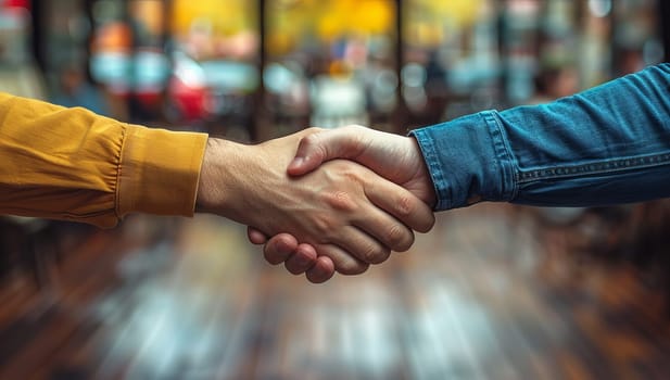 Close up of two business people shaking hands over blurred background. Teamwork concept