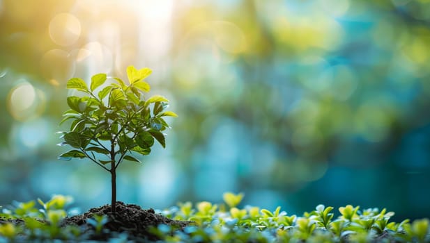 Plant seedling growing out of soil on blurred bokeh background