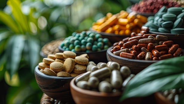 Colorful variety of pills and capsules in wooden bowls surrounded by green leaves