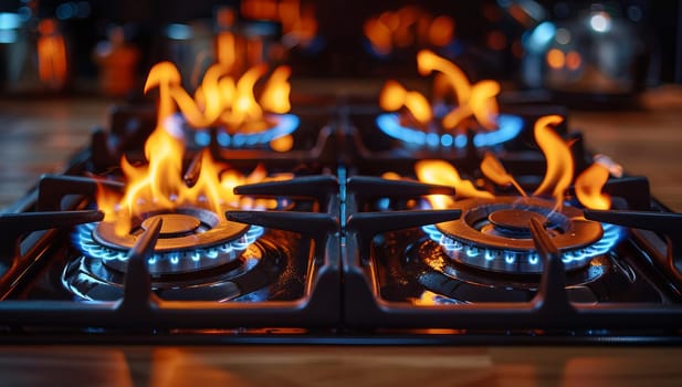 Vibrant flames from a gas stove in a dark kitchen