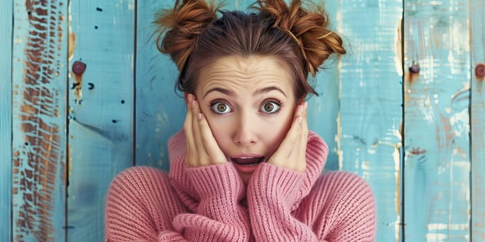 Shocked young woman in pink sweater on wooden background