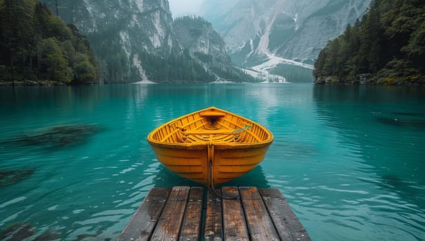 Yellow boat rests on clear turquoise lake surrounded by green forested mountains