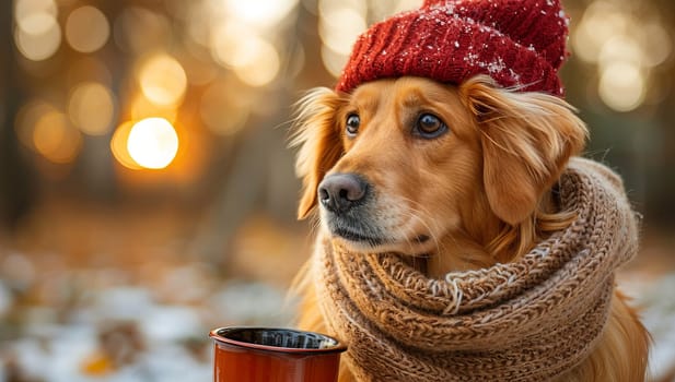 Cute golden retriever dog with cup of hot drink in winter park