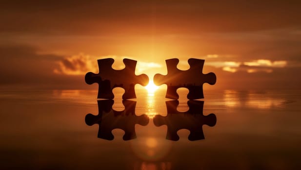 Jigsaw puzzle piece in the sunset sky. Business solutions concept.