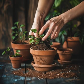Hands nurturing a sprout in a terracotta pot amidst other potted plants on a wooden surface
