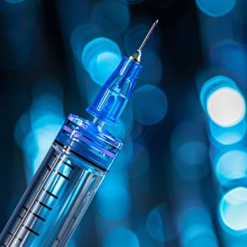 Close-up of a blue syringe with a sharp needle, isolated on a dark blue background with bokeh