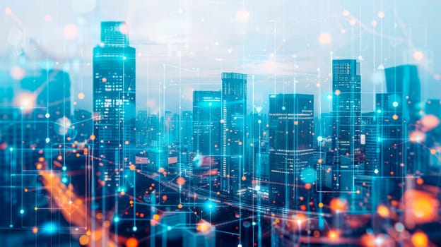 Double exposure image. Business connection in the city with digital graphic link network internet of things and information communication technology buildings. AI generated