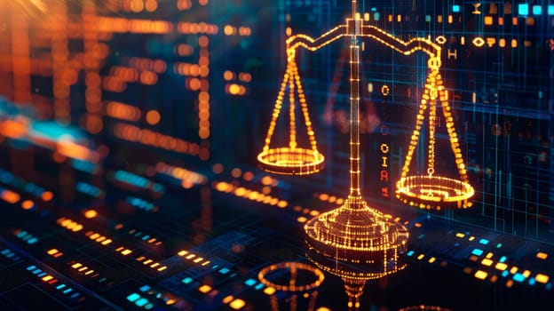 Law scales on background of digital data. Legal advice service concept with technology background. AI generated