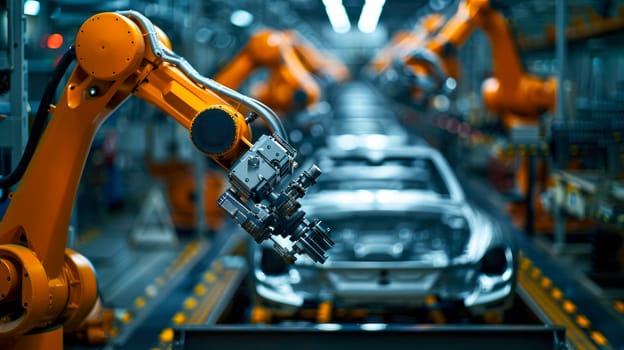 Car Factory Concept. Automated robot arm assembly line manufacturing electric vehicles.  AI generated