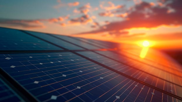 Solar panel produces green, environmentaly friendly energy from the setting sun. AI generated