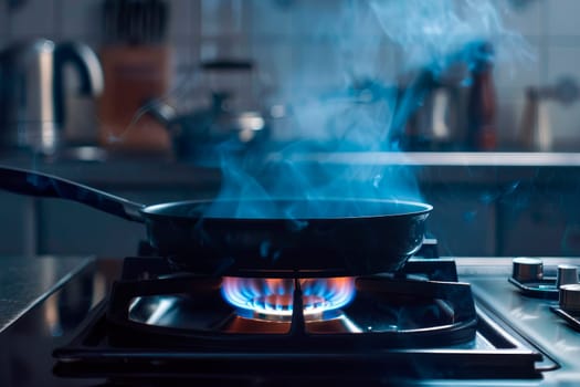 Frying pan on gas stove on fire with dish being prepared. AI generated