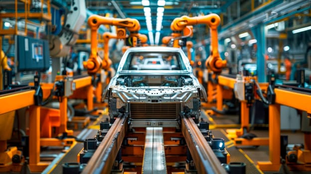 Automobile plant, modern production of cars, robot equipment, automated production line.  AI generated
