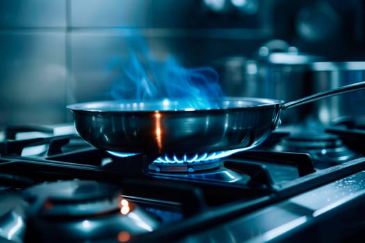 The frying pan on the stove with a gentle flame underneath.  AI generated