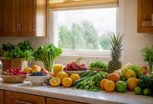 A vibrant selection of fresh fruits and vegetables spread out on a kitchen counter, highlighting a healthy lifestyle with a variety of colors and nutrients