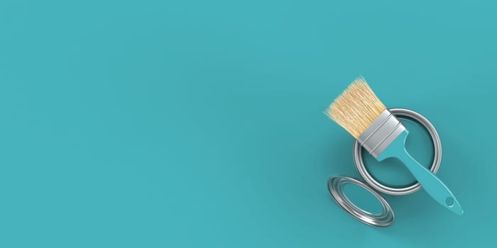 Painting brush on metal tin 3D rendering illustration isolated on blue background