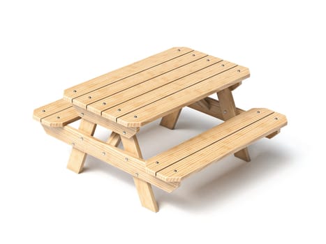 Wooden picnic table 3D rendering illustration isolated on white background