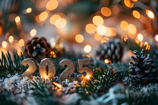 Digits 2025 surrounded with Christmas decorations for new year celebration. Neural network generated image. Not based on any actual person or scene.