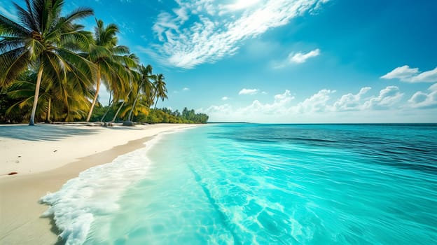 tropical beach view at sunny day with white sand, turquoise water and palm tree. Neural network generated image. Not based on any actual scene or pattern.