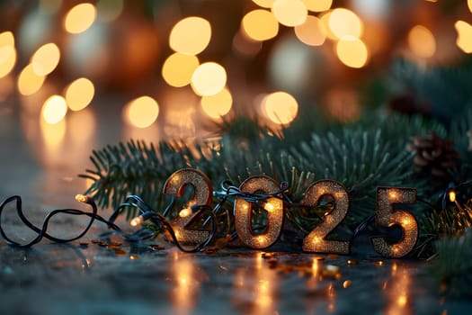 Digits 2025 surrounded with Christmas decorations for new year celebration. Neural network generated image. Not based on any actual person or scene.