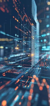 Dynamic Finance Flow, Double Exposure of Data and Technology background. Neural network generated image. Not based on any actual scene or pattern.