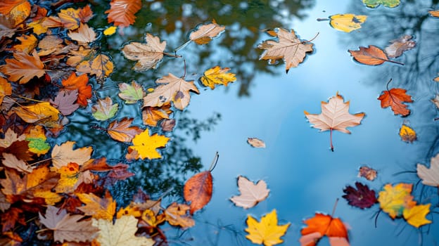 An abstract composition of colorful autumn leaves floating on a reflective water surface of a pond. Neural network generated image. Not based on any actual scene or pattern.