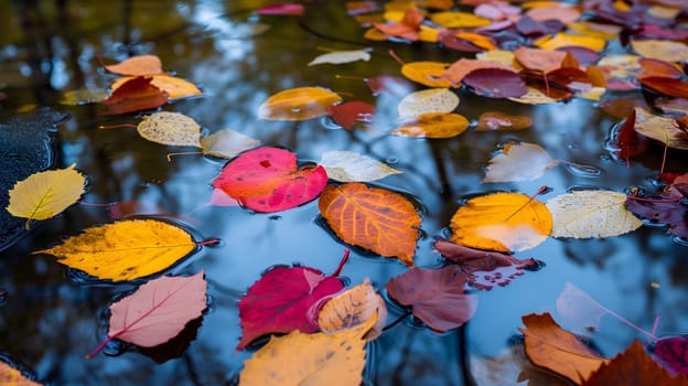 An abstract composition of colorful autumn leaves floating on a reflective water surface of a pond. Neural network generated image. Not based on any actual scene or pattern.