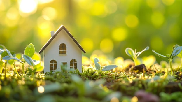 Spring background with a tiny toy house symbolizing family mortgage construction rental and property concepts. Neural network generated image. Not based on any actual person or scene.