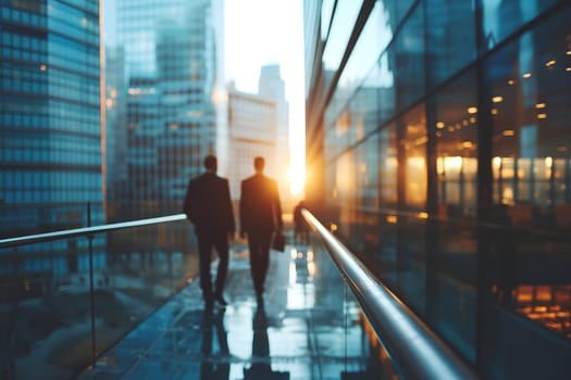 Close up abstract business background with businessmen navigating the cityscape, Interacting and collaborating. Neural network generated image. Not based on any actual person or scene.