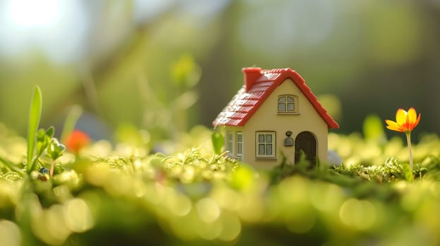 Spring background with a tiny toy house symbolizing family mortgage construction rental and property concepts. Neural network generated image. Not based on any actual person or scene.