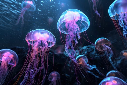 glowing sea jellyfishes on dark background, neural network generated art. Neural network generated in January 2024. Not based on any actual scene or pattern.