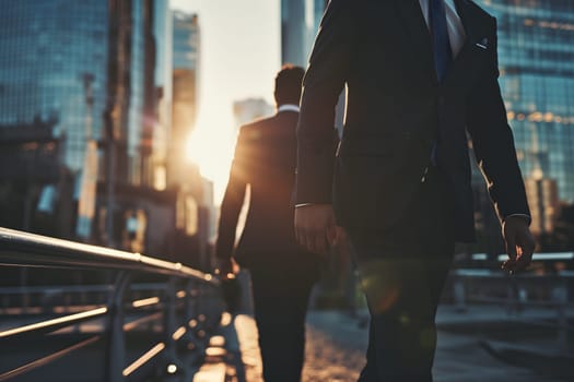 Close up abstract business background with businessmen navigating the cityscape, Interacting and collaborating. Neural network generated image. Not based on any actual person or scene.