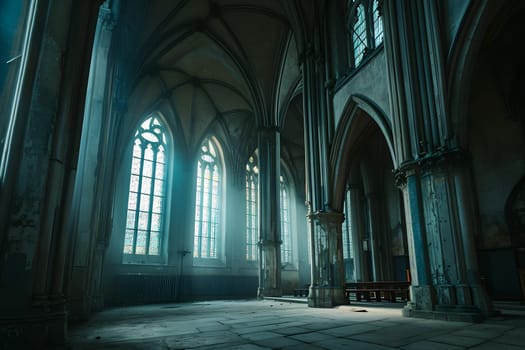 Dark gothic abandoned ancient chapel hall interior with tall windows and columns, foggy and empty. Neural network generated in January 2024. Not based on any actual scene or pattern.