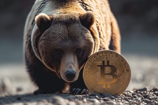 Bear with bitcoin shiner portrait for bearish down trend concept. Neural network generated image. Not based on any actual person or scene.