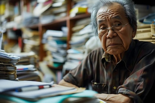 Senior Asian woman in an office, overwhelmed by a mountains of paperwork. Neural network generated in January 2024. Not based on any actual scene or pattern.