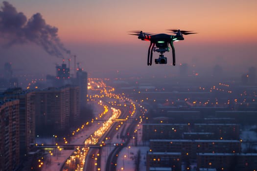 Flying drone above the city at snowy winter morning. Neural network generated image. Not based on any actual scene or pattern.