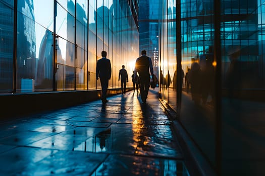Close up abstract business background with businessmen navigating the cityscape, Interacting and collaborating. Neural network generated image. Not based on any actual person or scene.