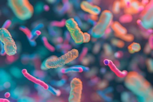 Diverse colorful abstract microbiome, containing many different types of microorganisms. Neural network generated in January 2024. Not based on any actual scene or pattern.