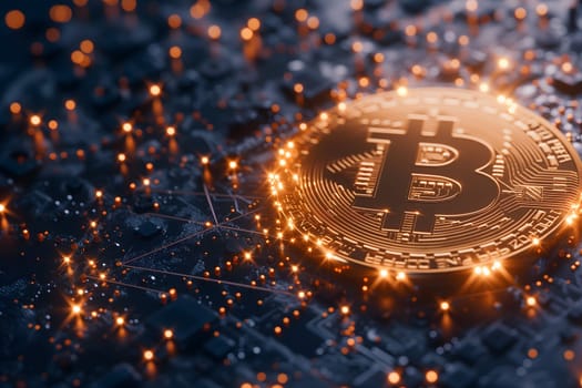 Bitcoin shiner laid over circuit board. Neural network generated image. Not based on any actual person or scene.