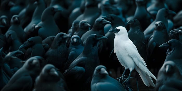 A white crow among many black crows. Neural network generated image. Not based on any actual scene or pattern.