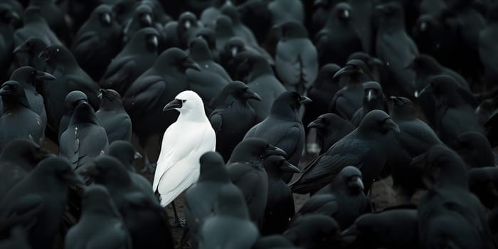 A white crow among many black crows. Neural network generated image. Not based on any actual scene or pattern.