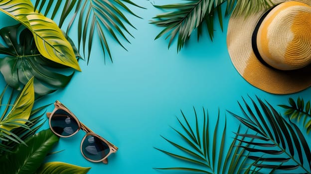 Hat, sunglasses, palm tree leaves on blue background. Blank, top view, still life, flat lay. Sea vacation travel concept tourism and resorts. Summer holidays. Neural network generated image. Not based on any actual scene or pattern.