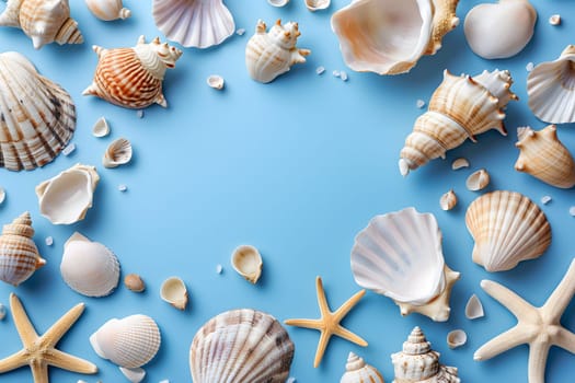 Seashells, pebbles, mockup on blue background. Blank, top view, still life, flat lay. Sea vacation travel concept tourism and resorts. Summer holidays. Neural network generated in January 2024. Not based on any actual scene or pattern.