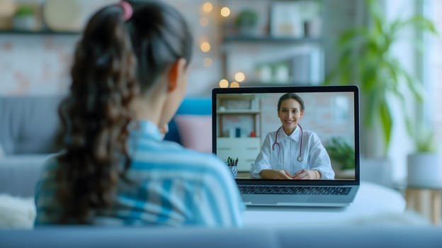 Telemedicine concept. Young lady consulting her doctor on laptop computer, using webcam from home. Neural network generated image. Not based on any actual person or scene.