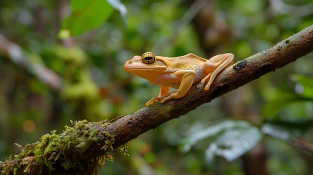 A frog resting on a tree branch in dense jungles. Neural network generated image. Not based on any actual scene or pattern.