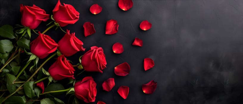 Red roses on black background with copy space. Neural network generated image. Not based on any actual person or scene.